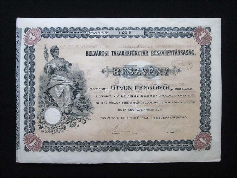 Belvrosi Takarkpnztr Rszvnytrsasg 50 peng 1926 I.